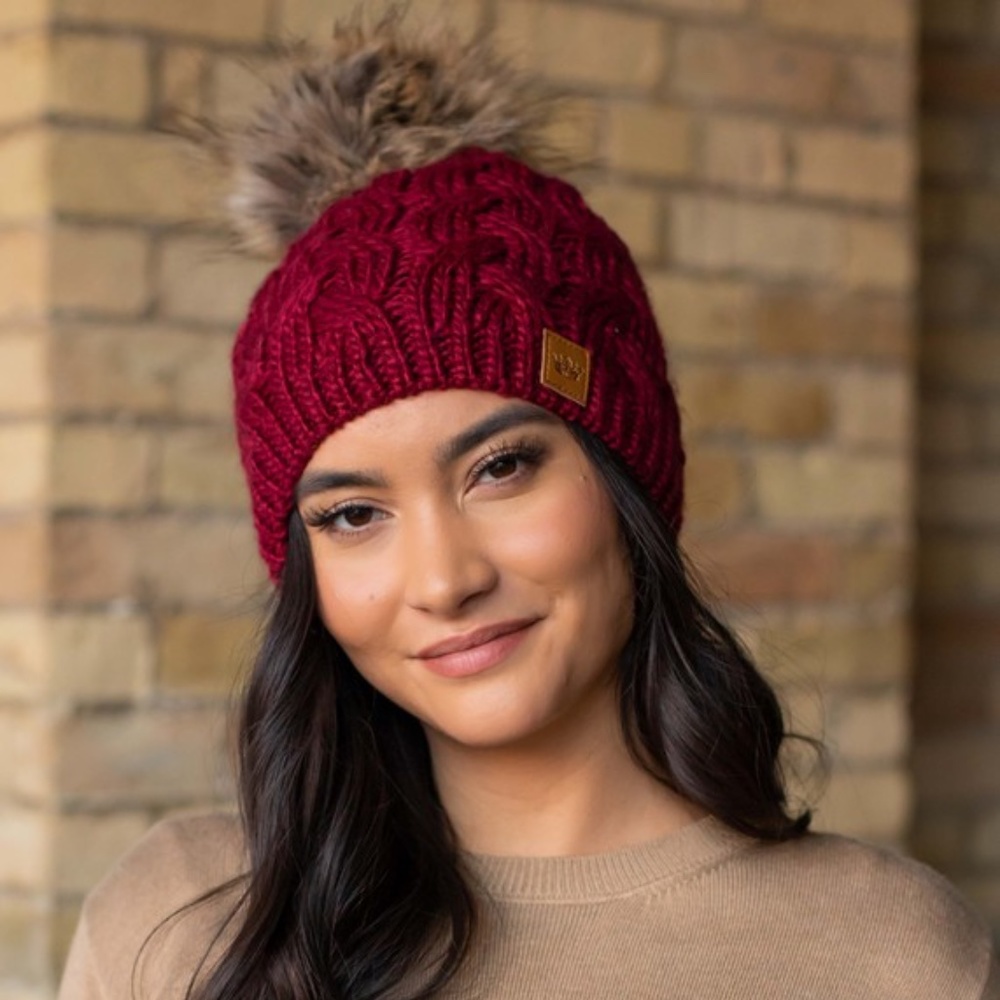 SOLD OUT Maroon Cable Knit Beanie Hat w/ Faux Fur Fleece Lined Pompom Winter Hat - Picture 4 of 5